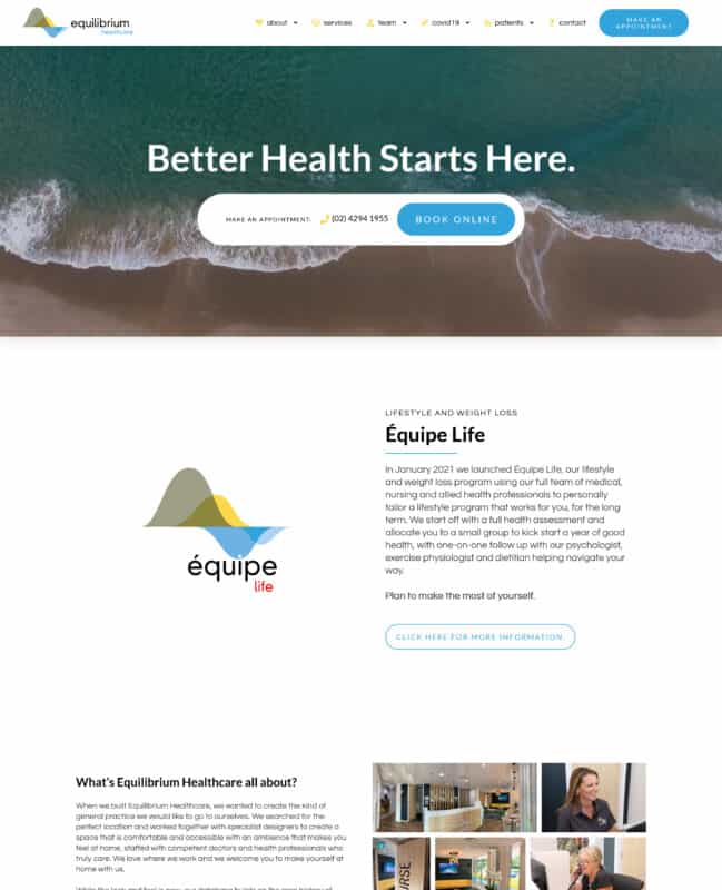 Equilibrium Healthcare WordPress website design screenshot.