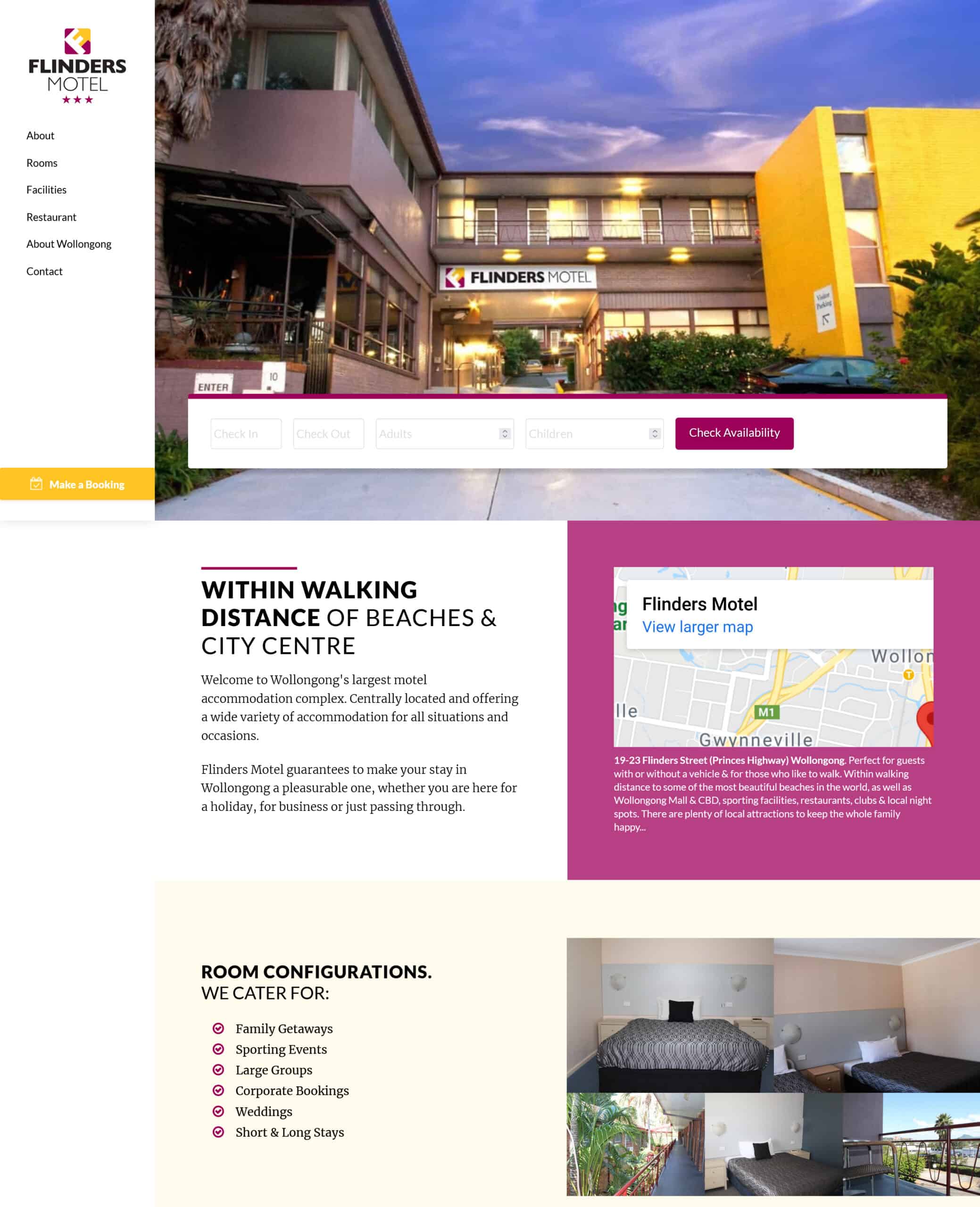 Flinders Motel Wollongong website design screenshot, desktop