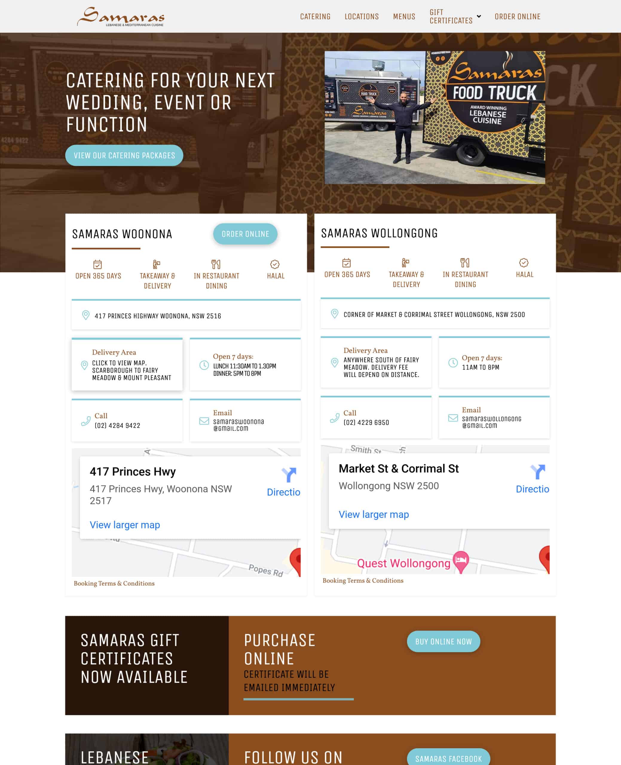 UX Design screenshot of Samaras Restaurant Wollongong WordPress website.